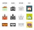 House of government, stadium, cafe, church.Building set collection icons in cartoon,black,outline,flat style vector Royalty Free Stock Photo