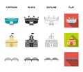 House of government, stadium, cafe, church.Building set collection icons in cartoon,black,outline,flat style vector Royalty Free Stock Photo