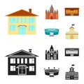 House of government, stadium, cafe, church.Building set collection icons in cartoon,black style vector symbol stock Royalty Free Stock Photo