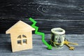 House with green arrow down. a decline in property prices. low energy efficiency, falling interest on the mortgage. reduction in d Royalty Free Stock Photo