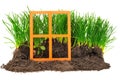 House green concept with wooden orange window, grass and soil