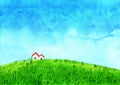 House at green grass meadow with cloud sky watercolor hand painting background. Royalty Free Stock Photo