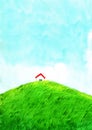 House at green grass meadow with cloud sky watercolor hand painting background. Royalty Free Stock Photo