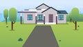 House with green grass , trees ,hills and cityscape vector illustration.Flat home design with garden in town. Royalty Free Stock Photo