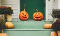 House With Halloween Orange Pumpkin Decoration, Jack O Lanterns With Spooky Faces On Porch