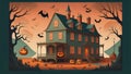 house halloween pumpkin horror illustration and bats halloween Royalty Free Stock Photo