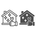 House and hand with wrench line and solid icon, Home professional services concept, Maintenance house sign on white Royalty Free Stock Photo