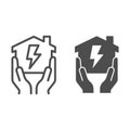 House in hands with electricity lightning line and solid icon, smart house concept, home energy vector sign on white