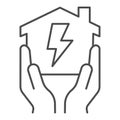 House in hands with electricity lightning thin line icon, smart house concept, home energy vector sign on white