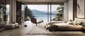 House with hardwood flooring, window overlooking lake and mountains Royalty Free Stock Photo