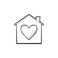 House with heart hand drawn outline doodle icon.