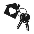 House with heart, two key and key ring. Keychain symbol, icon silhouette on white background