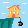 House held on cliff by a ball and chain. House debt concept vector illustration. Royalty Free Stock Photo