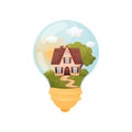House with a high roof in front of a large tree. Figure inside the light bulb. Vector illustration.