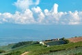 House on a hill and Cabbage grown on the farm land. Royalty Free Stock Photo