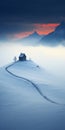 Surreal Cinematic Minimalistic Shot: House On A Snowy Hill