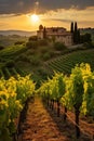 a house on a hill with rows of trees and a vineyard