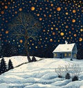 House on hill with tree in winter, starry dark sky background. Stylized cold night illustration, mystical atmosphere Royalty Free Stock Photo