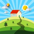 House on Hill. Vector Flat Design Natural Landscape.