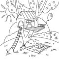 An colouring book hand drawn country house.Landscape.