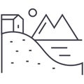 House on hills with lake and mountains vector line icon, sign, illustration on background, editable strokes Royalty Free Stock Photo