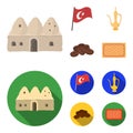 House hive, national flag, coffee pot copper, grains coffee.Turkey set collection icons in cartoon,flat style vector Royalty Free Stock Photo