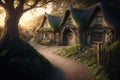 House of the hobbit hole. Fantasy Village Shire, houses with round doors and windows. The fabulous landscape of the Lord of the