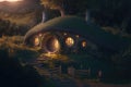 House of the hobbit hole. Fantasy Village Shire, houses with round doors and windows. The fabulous landscape of the Lord of the