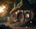 House of the hobbit hole. Fantasy Village Shire, houses with round doors and windows. The fabulous landscape of the Lord of the