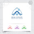 House home logo design concept of book vector and pencil icon. Real estate and property logo for construction, contractor, Royalty Free Stock Photo
