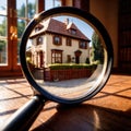 House hunting property search, magnifying glass looking at home