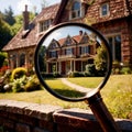 House hunting property search, magnifying glass looking at home