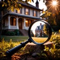 House hunting property search, magnifying glass looking at home