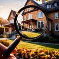 House hunting property search, magnifying glass looking at home