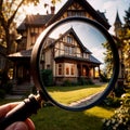 House hunting property search, magnifying glass looking at home