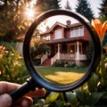 House hunting property search, magnifying glass looking at home