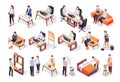 House husband doing chores and working woman in office icons set 3d isometric isolated vector