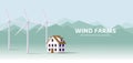 House icon with big windmill farm behind in mountains, 3d illustration, green energy Royalty Free Stock Photo