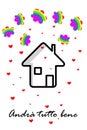 House icon with clouds in colors of rainbow, red hearts. Text in italian, slogan during pandemia