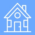 House icon with door, windows and chimney. Simple linear image. Isolated vector on a blue background