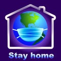 House icon with masked america globe during world pandemic. Stay home, vector illustration in purple tones