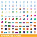 100 house icons set, cartoon style