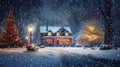 House illuminated by Christmas lights on a snowy night street. Festively decorated modern farmhouse. Merry Christmas. Happy Royalty Free Stock Photo