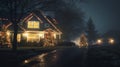 House illuminated by Christmas lights on a snowy night street. Festively decorated modern farmhouse. Merry Christmas. Happy Royalty Free Stock Photo