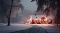 House illuminated by Christmas lights on a snowy night street. Festively decorated modern farmhouse. Merry Christmas. Happy Royalty Free Stock Photo