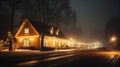 House illuminated by Christmas lights on a snowy night street. Festively decorated modern farmhouse. Merry Christmas. Happy Royalty Free Stock Photo