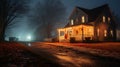 House illuminated by Christmas lights on a snowy night street. Festively decorated modern farmhouse. Merry Christmas. Happy Royalty Free Stock Photo