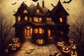 House illuminated by pumpkin lanterns in the Halloween night Royalty Free Stock Photo