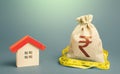 House and a indian rupee money bag. Mortgage loan. Property real estate valuation. Calculation of expenses for purchase,