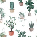 House indoor plant vector cartoon doodle seamless pattern. Potted flowers background Royalty Free Stock Photo